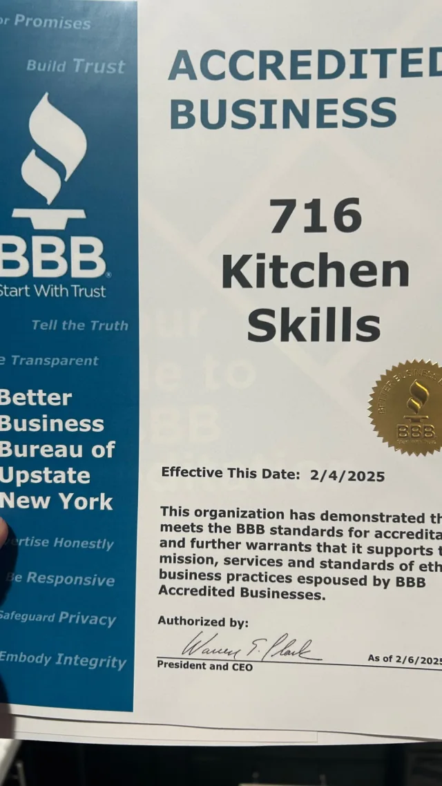 Better Business Bureau accreditation certificate for 716 Kitchen Skills