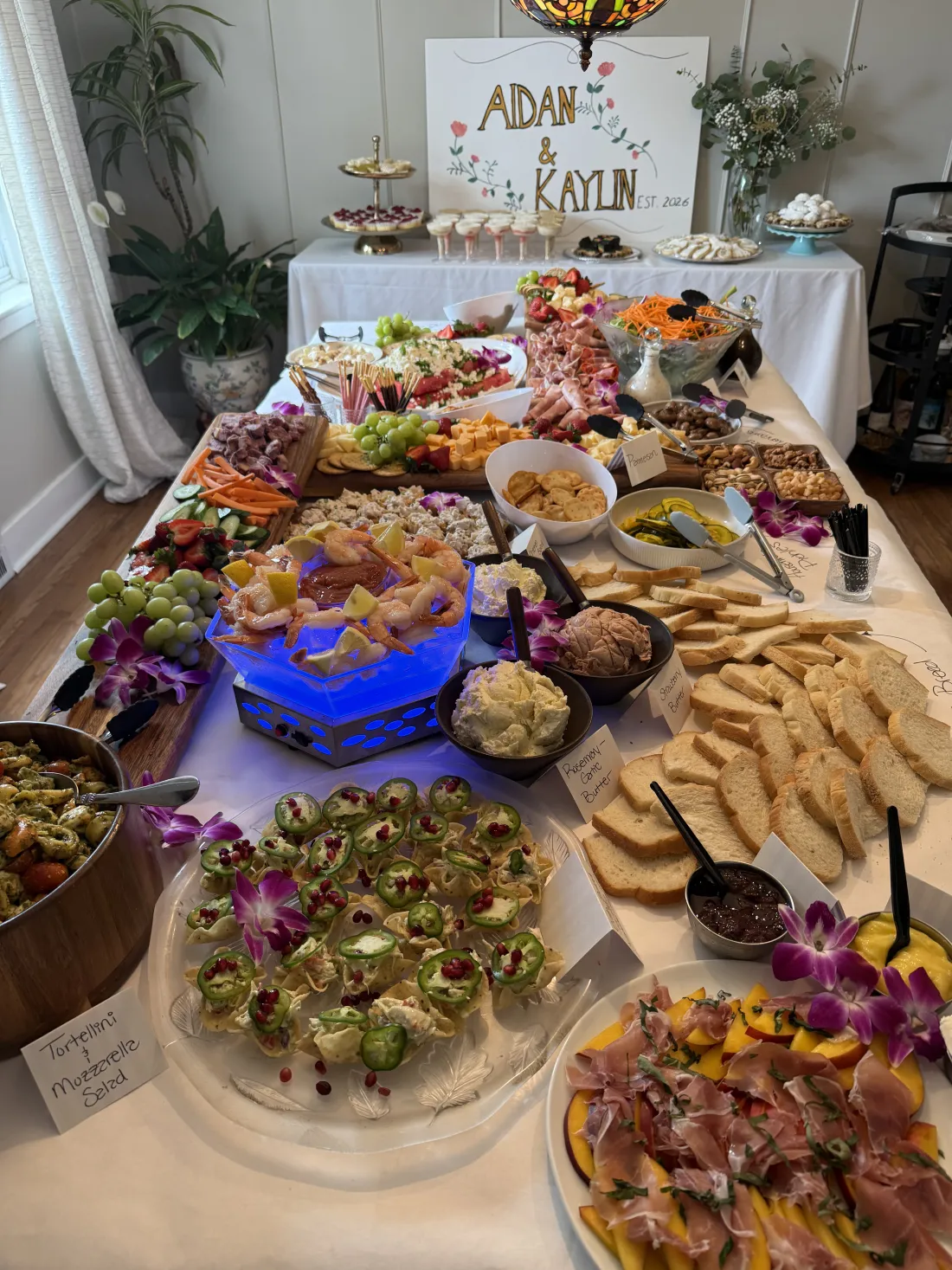 A catered buffet spread laid out for guests