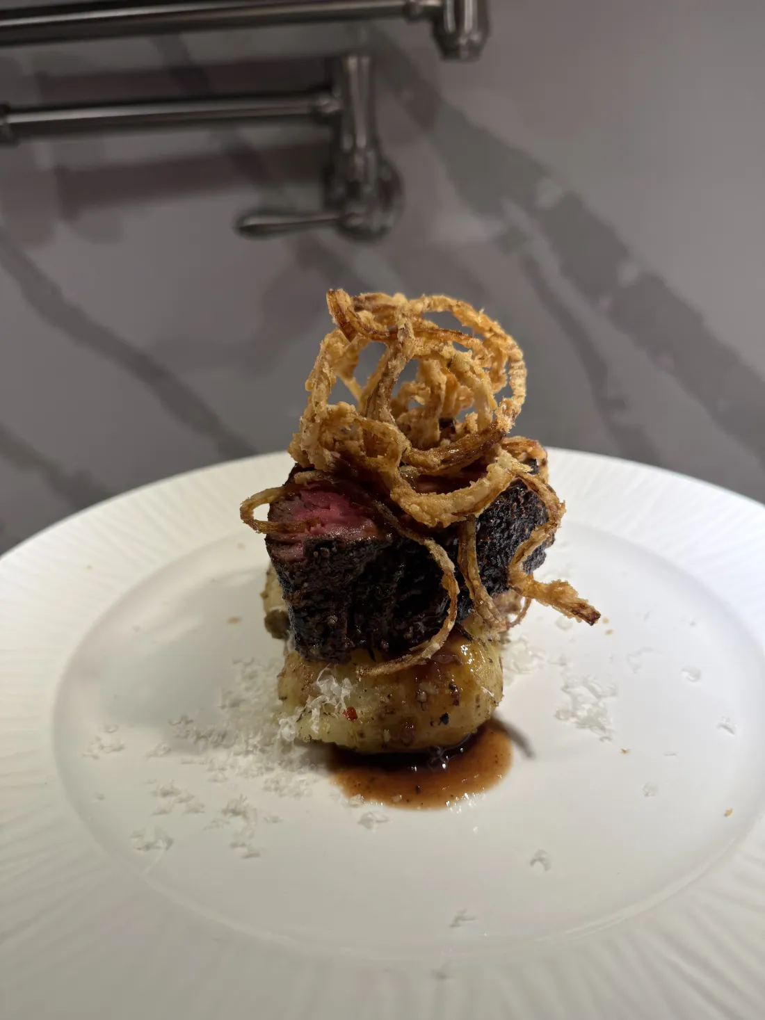Filet & Crispy Onions — Carved whole tenderloin